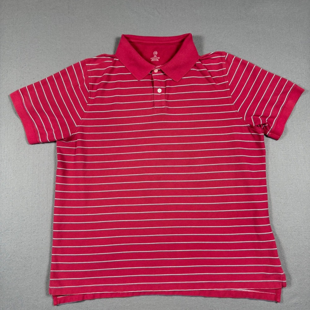 Harbor Bay Polo Shirt Mens 2XL Red Striped Short Sleeve Collared Casual Classic